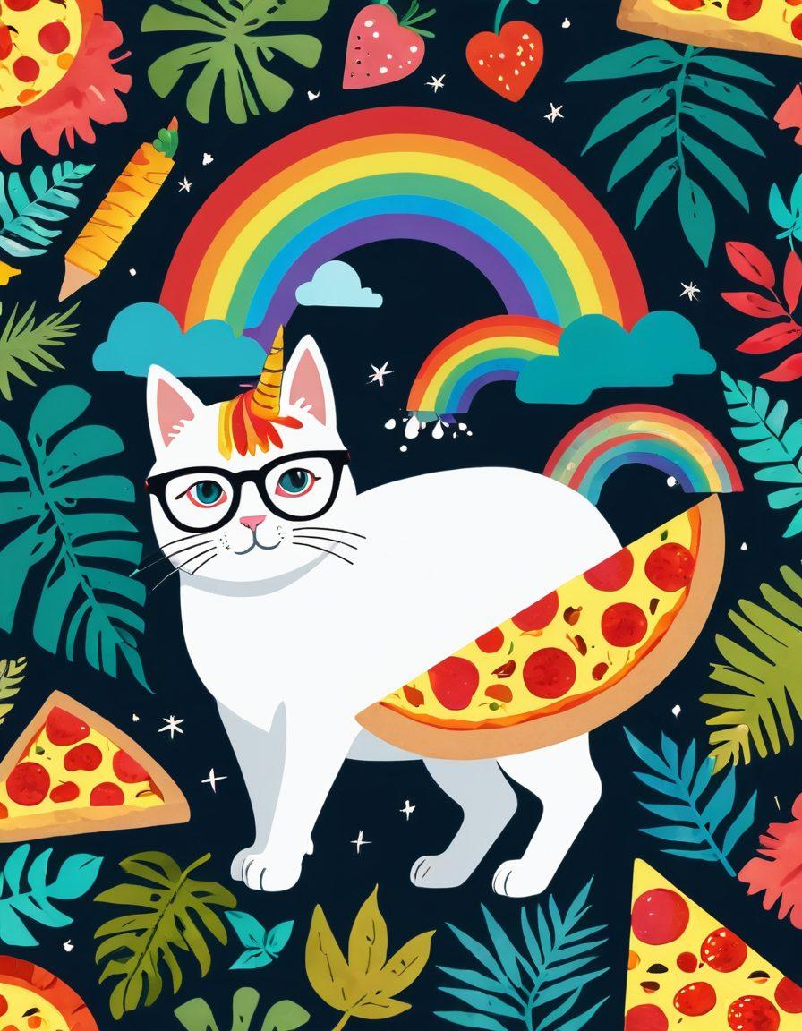 A whimsical collage of quirky website elements, like a playful cat wearing glasses, a dancing pizza slice, and an animated rainbow unicorn, all set against a pixelated background of a wild jungle. Integrate some digital icons, vibrant colors, and a lighthearted atmosphere that captures the essence of fun and exploration. cartoonish style. vibrant colors. white background.