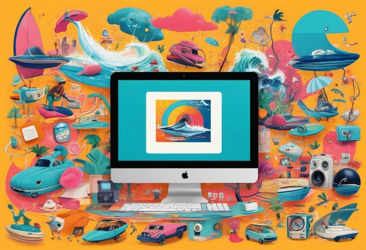 A whimsical collage showcasing a variety of eccentric web experiences, including cartoon characters surfing the internet, quirky gadgets, absurd memes, and vibrant graphic elements representing unusual trends. Incorporate playful color schemes and exaggerated features to evoke laughter and curiosity. Vivid backgrounds filled with abstract shapes and exaggerated icons of the digital world. cartoon-style. vibrant colors. playful and surreal.