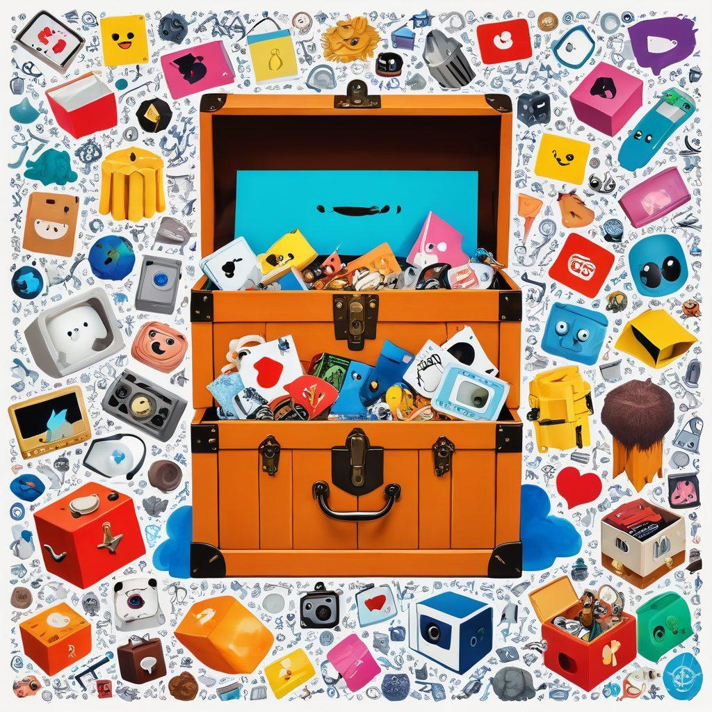 An eclectic collage showcasing a treasure chest overflowing with bizarre and quirky items from the internet, such as colorful memes, vintage toys, and viral gadgets. In the background, an abstract representation of different internet platforms and social media icons, all blended together in a whimsical manner. Bright, attention-grabbing colors and playful illustrations make the entire scene feel fun and engaging. cartoon style. vibrant colors. white background.